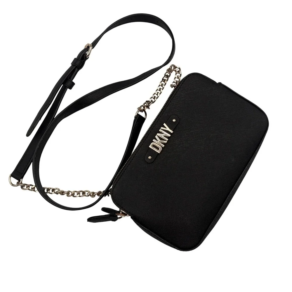 DKNY Crossbody Bag Womens Small‎ Black Excellent Saffiano Leather Gold Logo